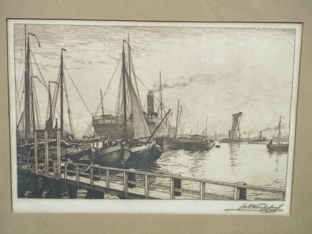 L.W.R.Wenckebach, Havengezicht, Ets op Chine collé verkocht voor € 60!