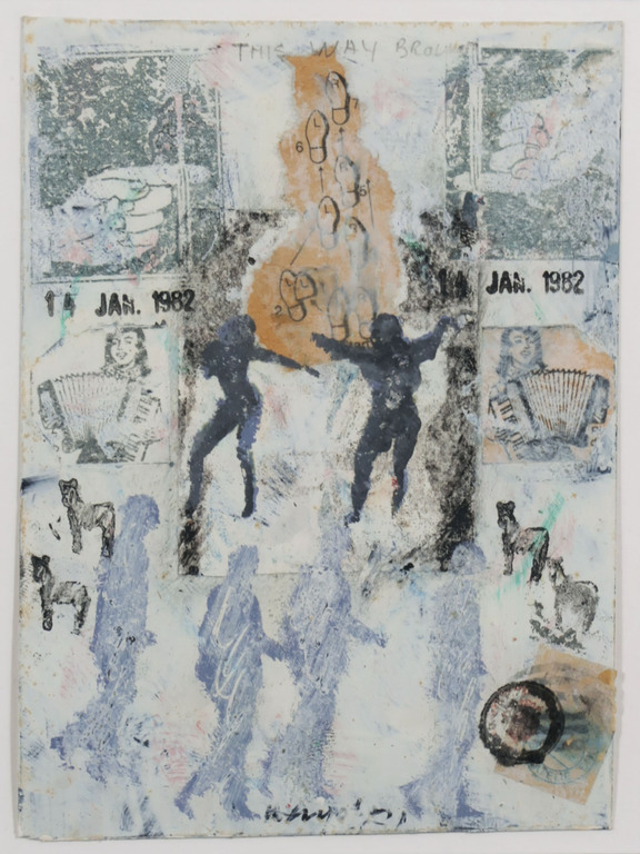 Ad Snijders: Gemengde techniek op papier, This way.. - Ingelijst verkocht voor € 50!