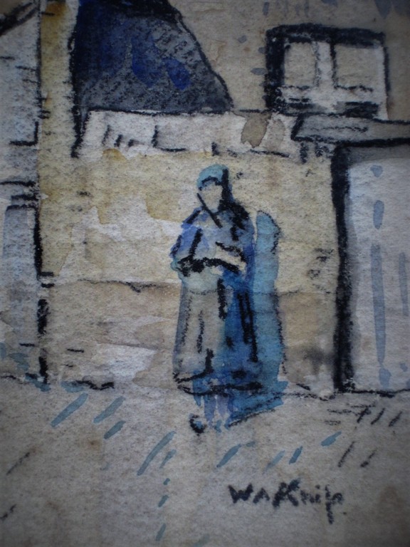 Fraai 1930 Aquarel "vrouw in Vissersdorp" van Larense Scholer Willem Knip (1883- kopen? Bied vanaf 1!