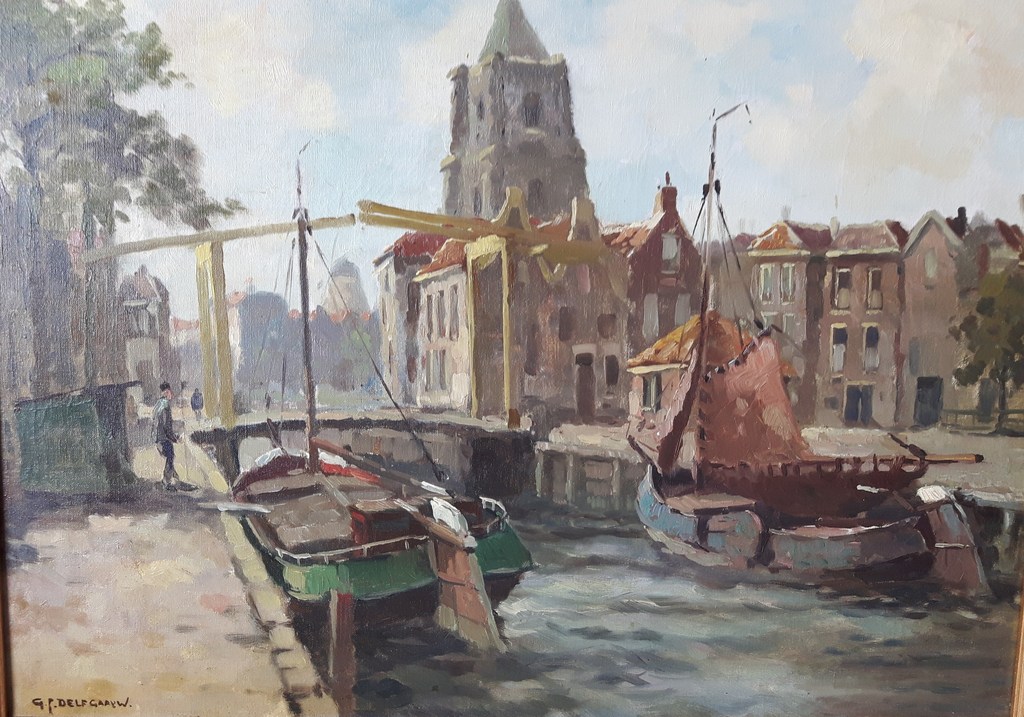 G.J.Delfgaauw: Olieverf op doek,  "Boten in stadsgracht" verkocht voor € 300!