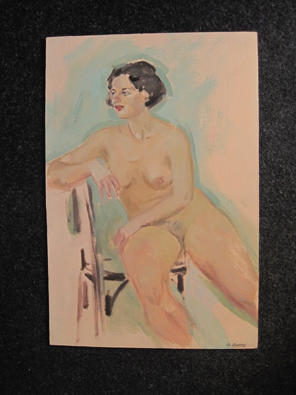 G.Slootweg olieverf maroufle  "zittend naakt" omstreeks 1960 kopen? Bied vanaf 1!