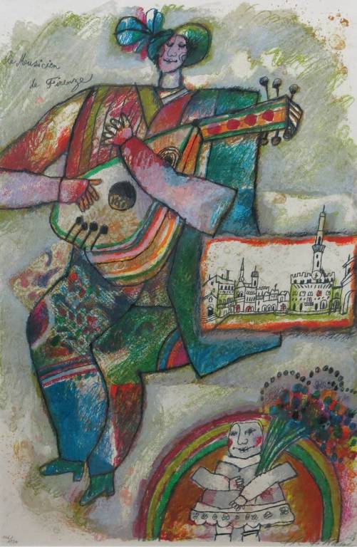 Theo Tobiasse: Litho, Le Musicien de Firenze - Ingelijst verkocht voor € 150!