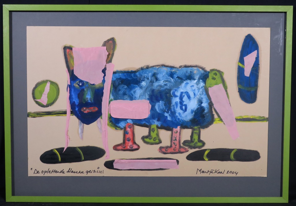 Meertje Kaal: Olieverf en collage op karton, De oplettende.. - Ingelijst kopen? Bied vanaf 1!