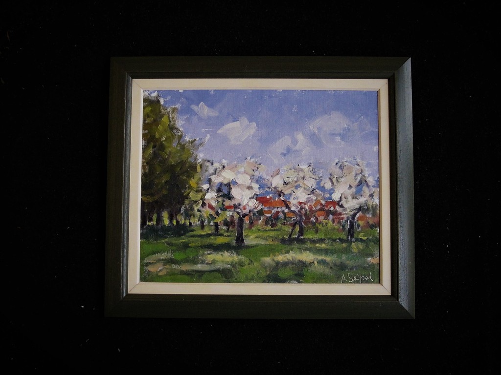 Fraai impression 1950 Hongaars? gesigneerd olieverf "landschap met bloesembomen" kopen? Bied vanaf 1!