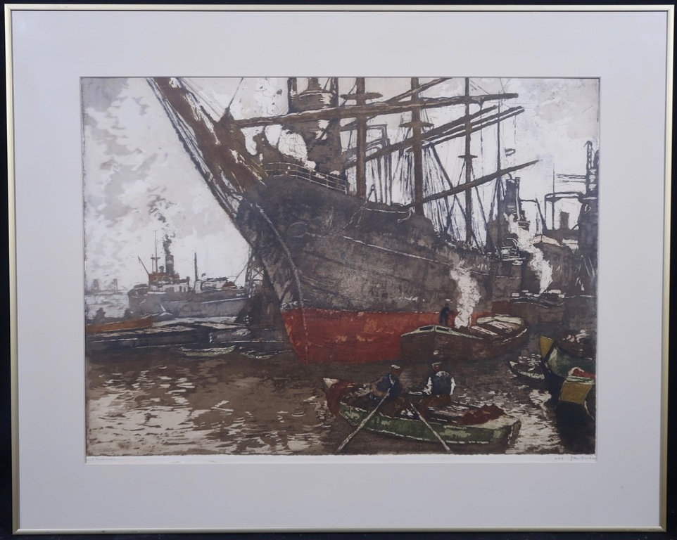 Jan Sirks: Ets, Havengezicht - Ingelijst kopen? Bied vanaf 1!