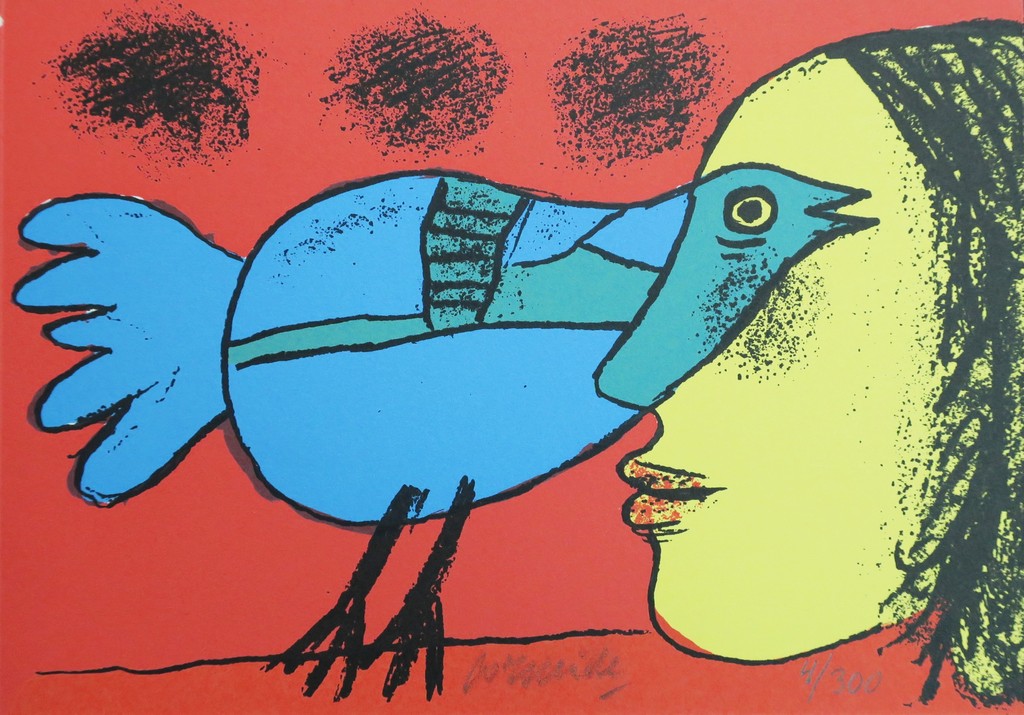 Corneille: Zeefdruk, Z.T. En profil met blauwe vogel verkocht voor € 50!