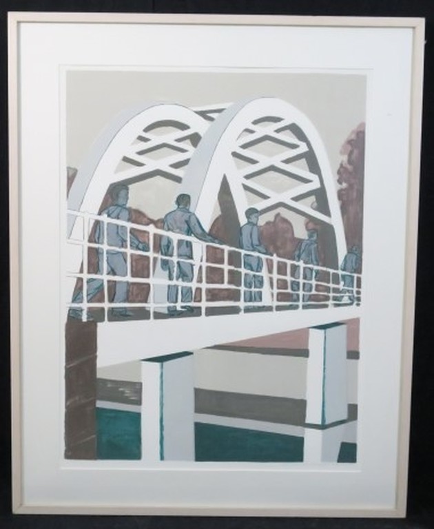 Hans Ebeling Koning: Zeefdruk, Brug rechts - Ingelijst kopen? Bied vanaf 50!