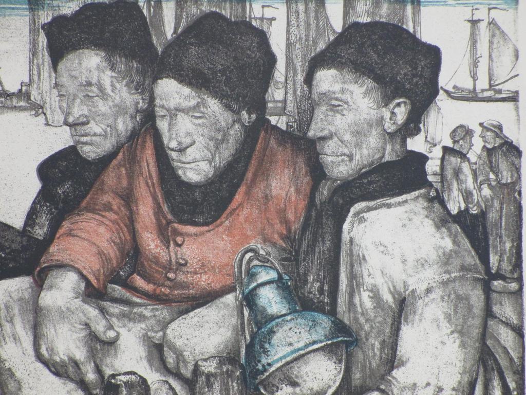 Willem van den Berg, Vissers in klederdracht, Kleurlitho kopen? Bied vanaf 50!