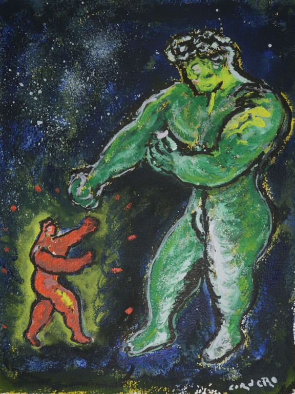 Horacio Cordero: Gouache op geschept papier, David en Goliath verkocht voor € 80!