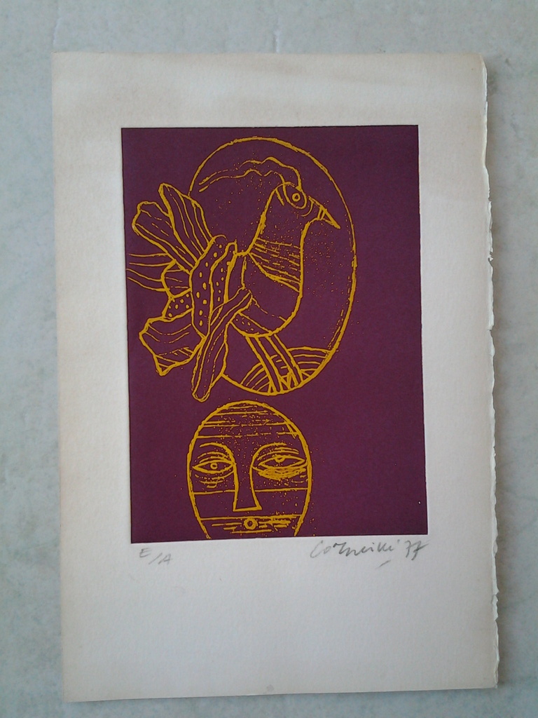 Corneille  1977 , vrouw met vogel , gekleurde ets ,  kopen? Bied vanaf 120!