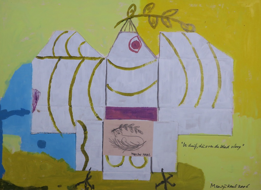 Meertje Kaal: Olieverf en collage op karton, De duif die.. - Ingelijst (Groot) kopen? Bied vanaf 1!