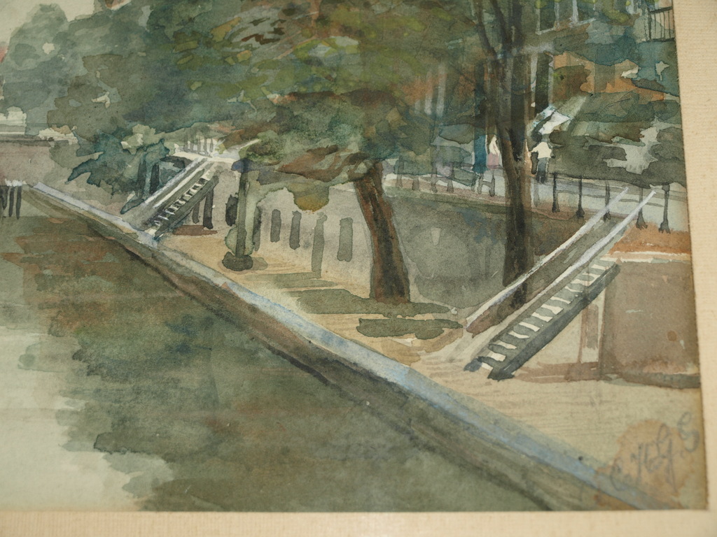 Onduidelijke signatuur : Aquarel – Oudegracht, Utrecht – ingelijst  kopen? Bied vanaf 1!