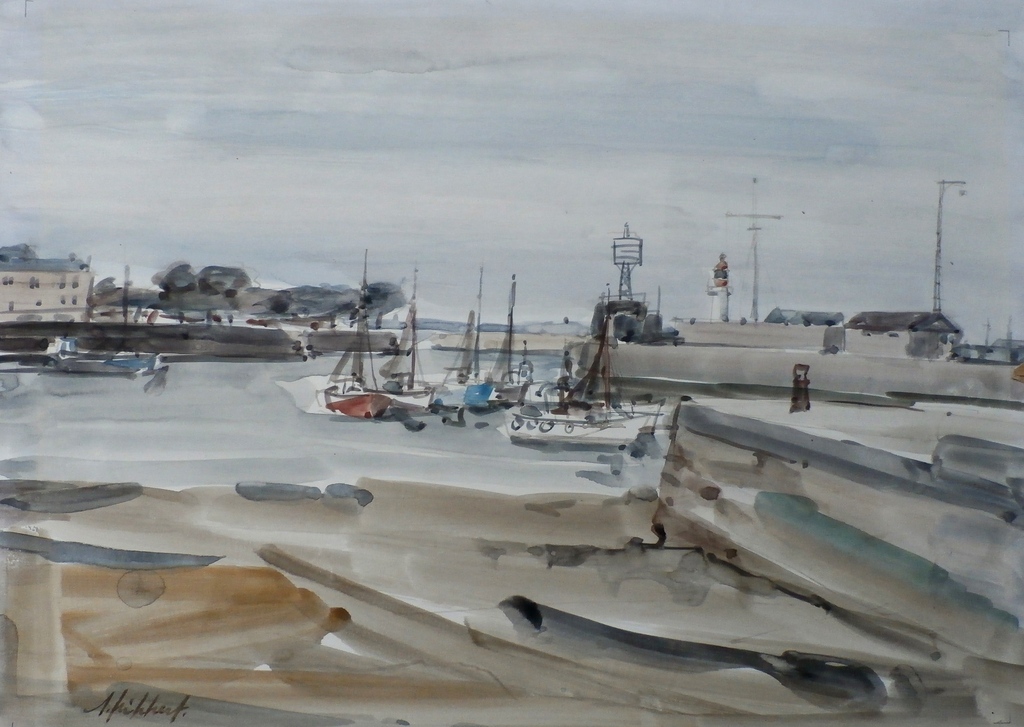 Ad Kikkert - Aquarel: haven  verkocht voor € 95!
