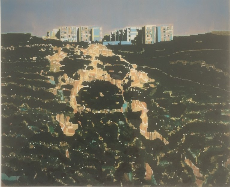 Onbekende kunstenaar -Zeefdruk- constructivistisch landschap monogram WM kopen? Bied vanaf 1!