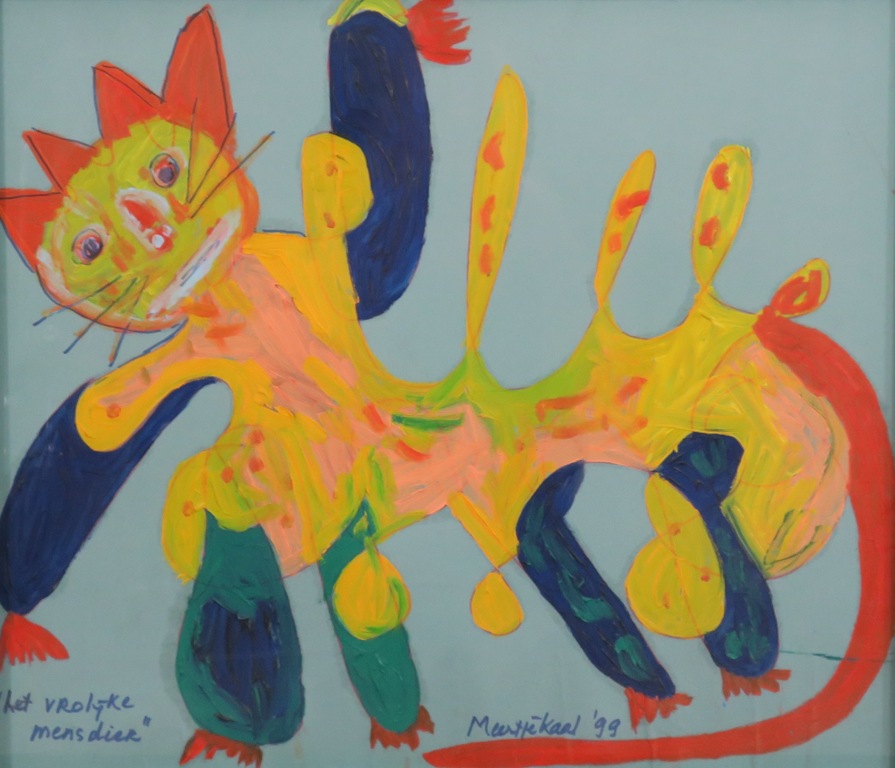 Meertje Kaal: Olieverf op karton, Het vrolijke mensdier - Ingelijst kopen? Bied vanaf 1!