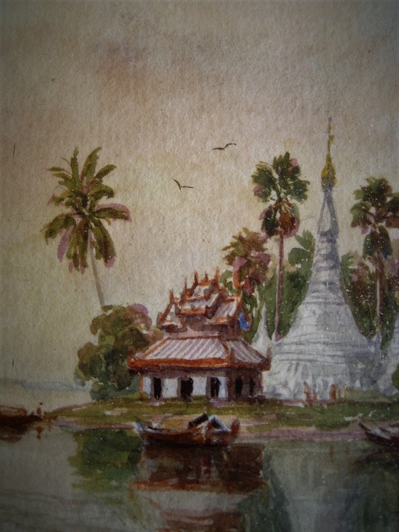 Indonesie omstreeks 1900 gesigneerde aquarel "zeilboten op rivier bij tempel"  kopen? Bied vanaf 1!
