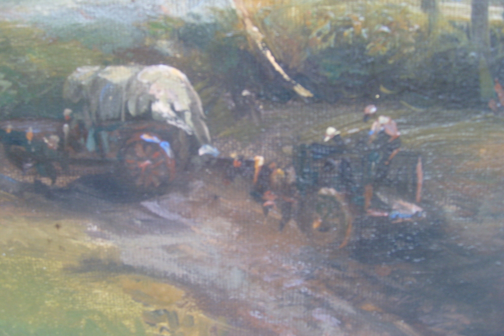 A.J.B.Wouters,olieverf op linnen, paard en wagens in landschap kopen? Bied vanaf 125!