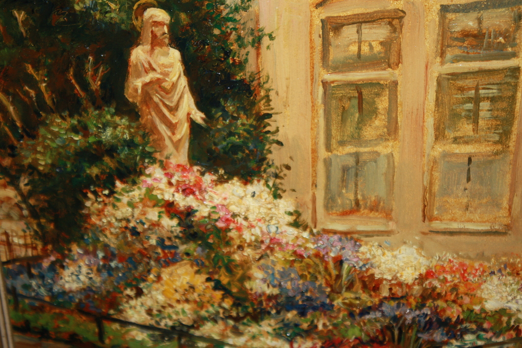 Anton MOLKENBOER - LEEUWARDEN 1892 - 1960 - BLOEMENTUIN MET HEILIG HART BEELD verkocht voor € 125!