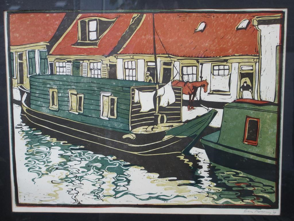 Cees Bolding, Woonschuit aan kade, Kleurenhoutsnede kopen? Bied vanaf 65!