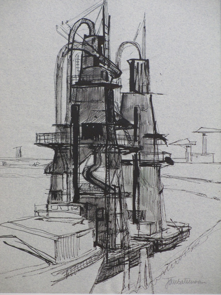 Jan Battermann, Graanelevatoren in bedrijf, Inkttekening verkocht voor € 40!