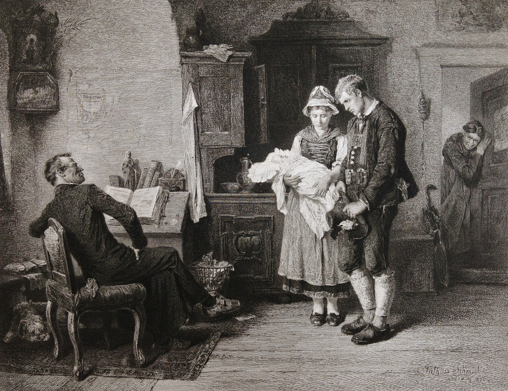 V. Rauscher. Originele staalgravure, circa 1890, Der sittenrichter kopen? Bied vanaf 1!