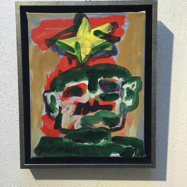 JAN SIERHUIS ( CoBrA ) acryl op doek Titel: Mannetje met de zon verkocht voor € 285!