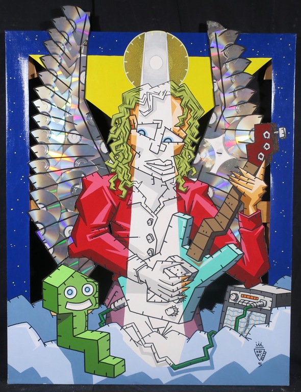Kriki: Acryl en cd's op doek, Z.T. II (groot) verkocht voor € 400!