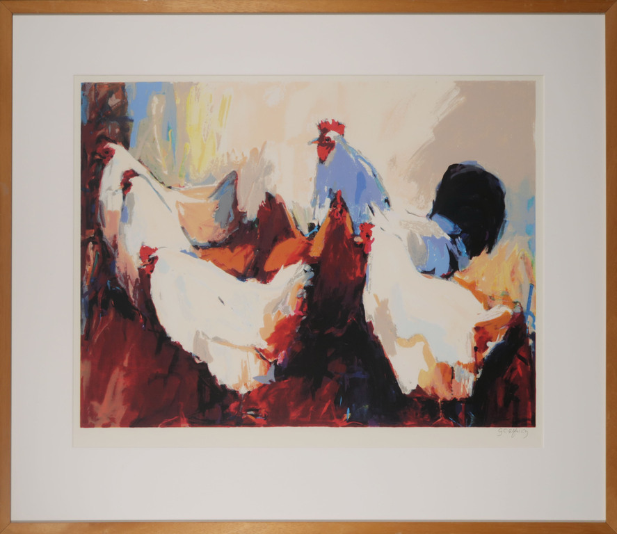 Gerda Elfring: Zeefdruk, Kippen - Ingelijst verkocht voor € 50!