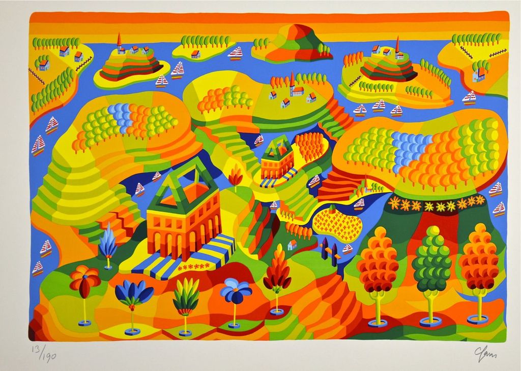 Louis Gans: Zeefdruk. Kleurrijk landschap verkocht voor € 50!