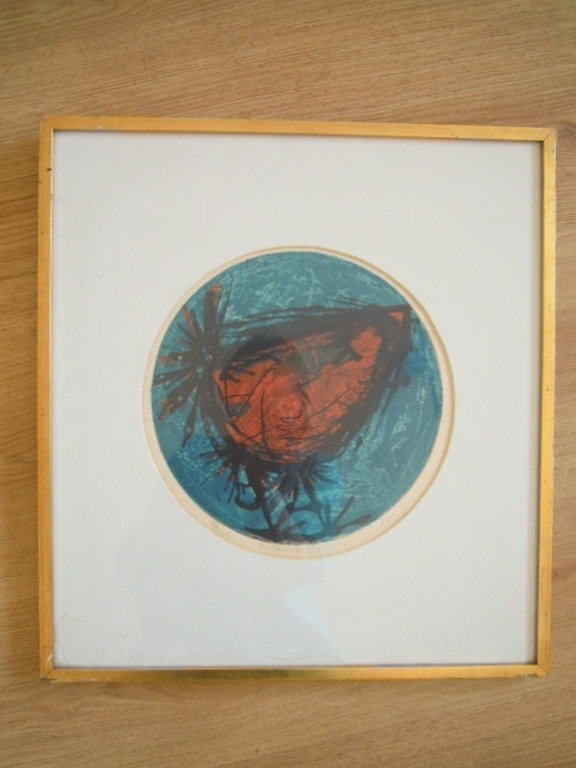 Schilderij / ets  - OISEAU ENFLAMME = VOGEL ONTBRANDT- 46 X 42 CM = gesigneerd kopen? Bied vanaf 20!
