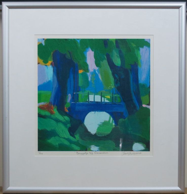 Jentsje Popma: Zeefdruk, Bruggetje bij Giessendam -Ingelijst  kopen? Bied vanaf 40!
