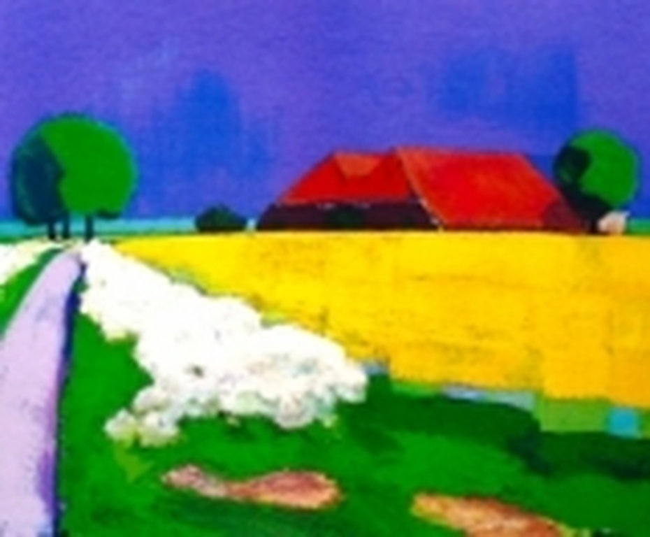 Jentsje Popma, zeefdruk, titel: " Koolzaadveld met fluitekruid " verkocht voor € 80!