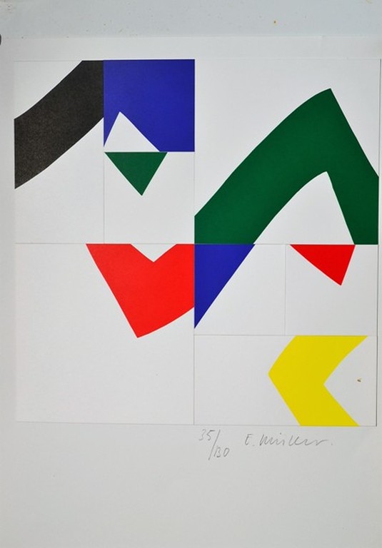 E Muller, zeefdruk, abstract werk kopen? Bied vanaf 35!