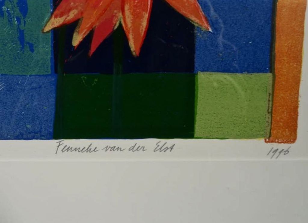 Fenneke van der Elst: Litho, Stilleven bloemen en bladeren - Ingelijst kopen? Bied vanaf 1!