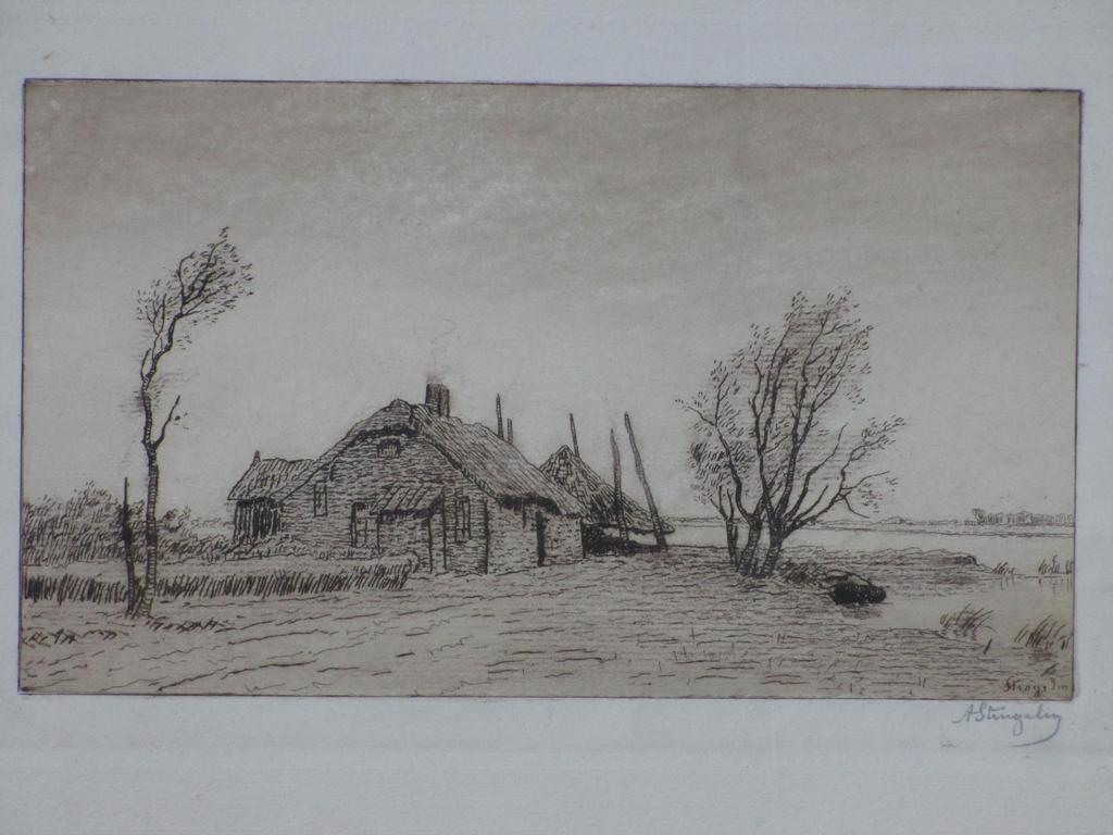Alphonse Stengelin, Waterrijk landschap met boerderij, Ets verkocht voor € 35!
