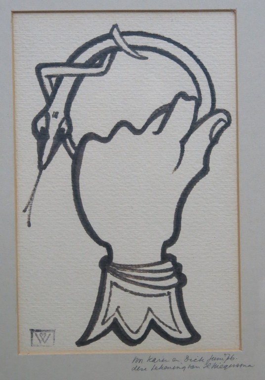 Hendrik Wiegersma: Inkttekening, Hand met Slang -Ingelijst kopen? Bied vanaf 70!