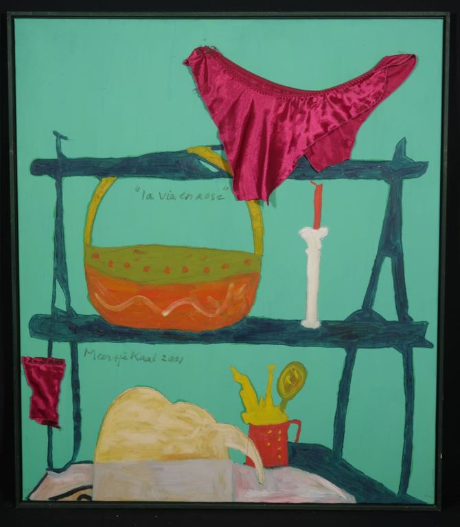 Meertje Kaal: Olieverf en collage op doek, La vie en rose - Ingelijst (Groot) kopen? Bied vanaf 1!