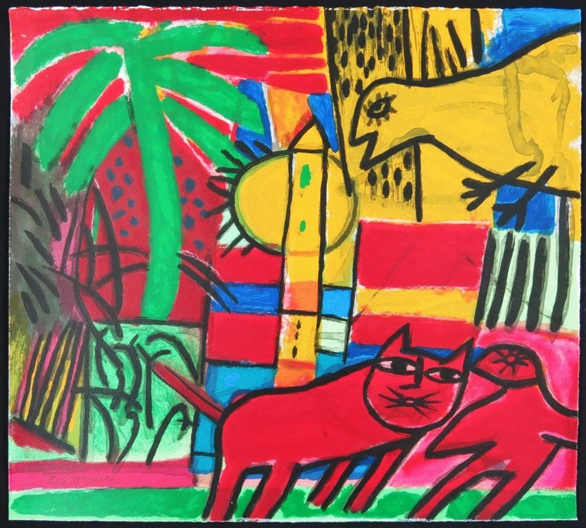 Corneille: Zeefdruk, Oiseau au soleil verkocht voor € 150!