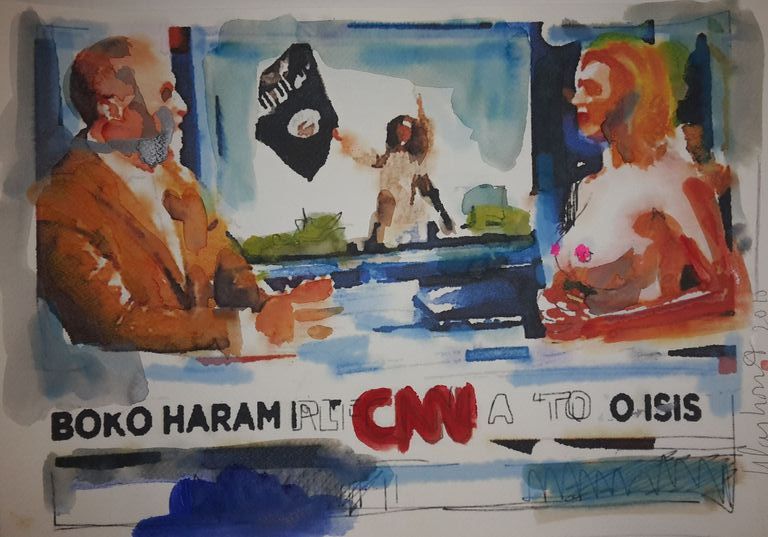 Peter Klashorst - gemengde techniek op aquarel papier - CNN kopen? Bied vanaf 65!