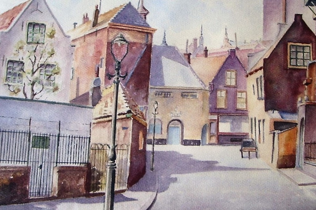 Wim Motz: tekening/aquarel, Achterhaven Rotterdam/Delfshaven verkocht voor € 50!