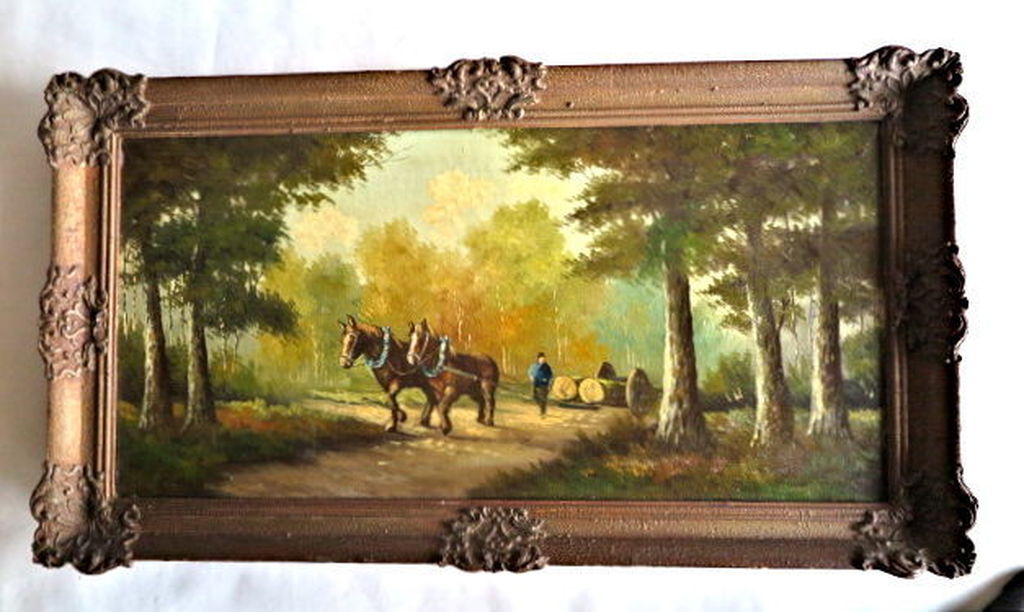 Paardenspan op bospad - Olieverf op doek - in gave antieke houten sierlijst kopen? Bied vanaf 15!