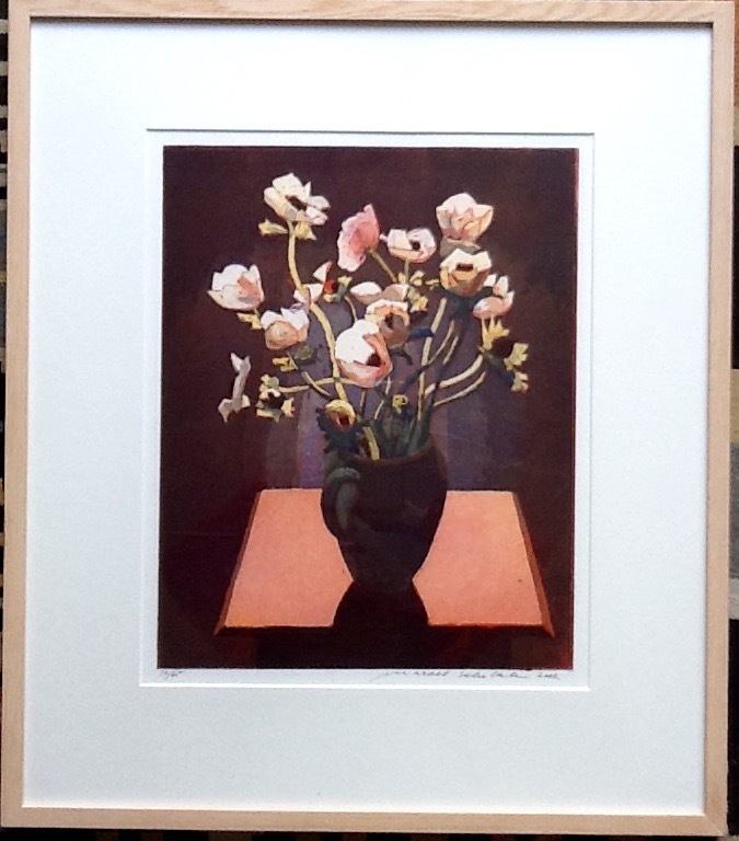 Marcel Schellekens, kleurets, Anemonen in vaas, ingelijst verkocht voor € 225!