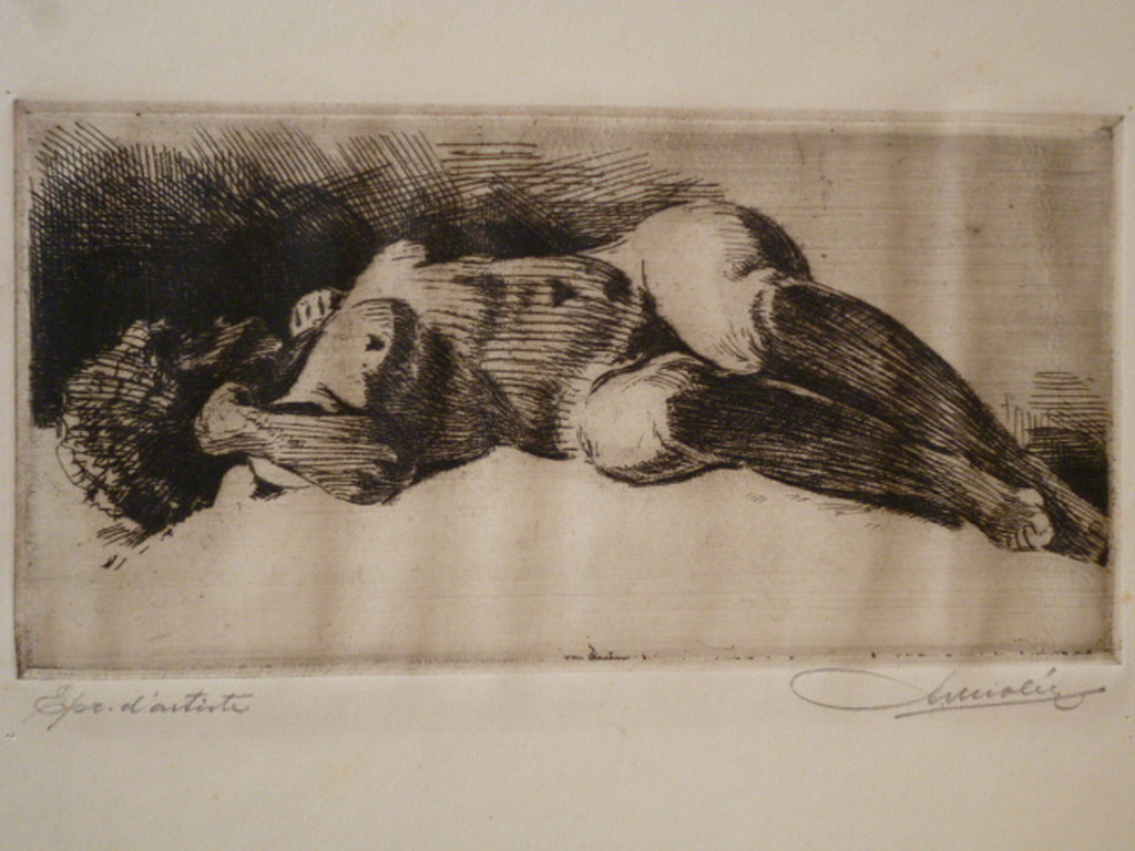 Adrianus MiolÃ©e - ets - Liggend naakt verkocht voor € 50!
