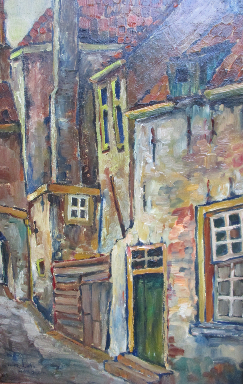 Onbekende kunstenaar: Olieverf op karton, Stadsgezicht verkocht voor € 46!