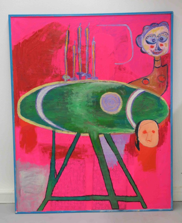 Meertje Kaal: Acryl en Olieverf op doek, Z.T. Aan tafel - Ingelijst (zeer groot) verkocht voor € 120!