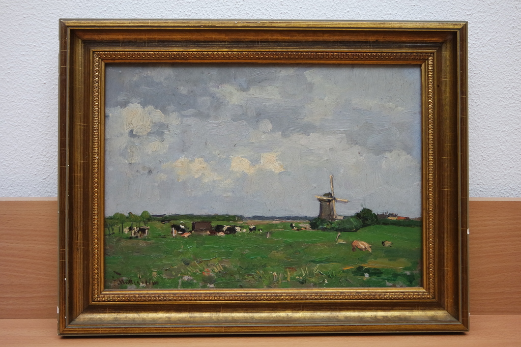 Louis Stutterheim (1873-1943) -olieverf op paneel- landschap met koeien en molen verkocht voor € 325!