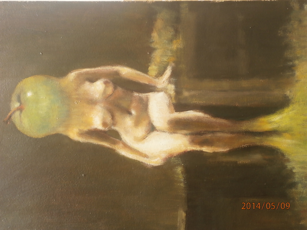 Vrouw met appelhoofd , acryl op board  kopen? Bied vanaf 1!