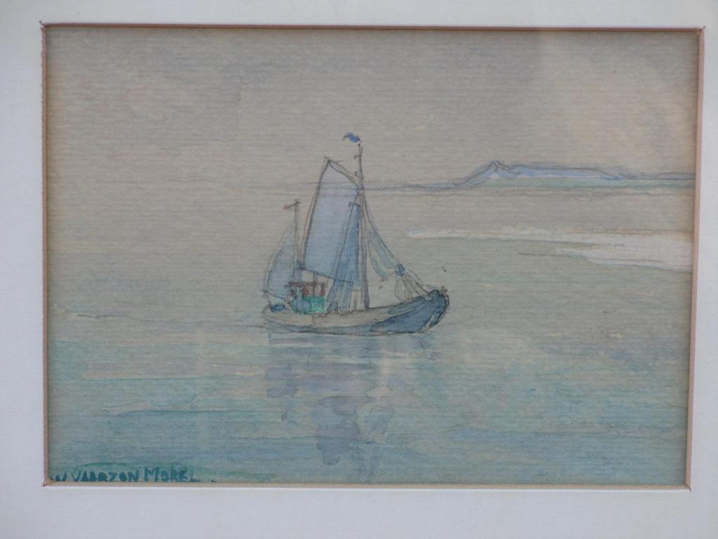 Wim Vaarzon Morel sr., Vissersschip voor de Zeeuwse kust, Aquarel  verkocht voor € 70!