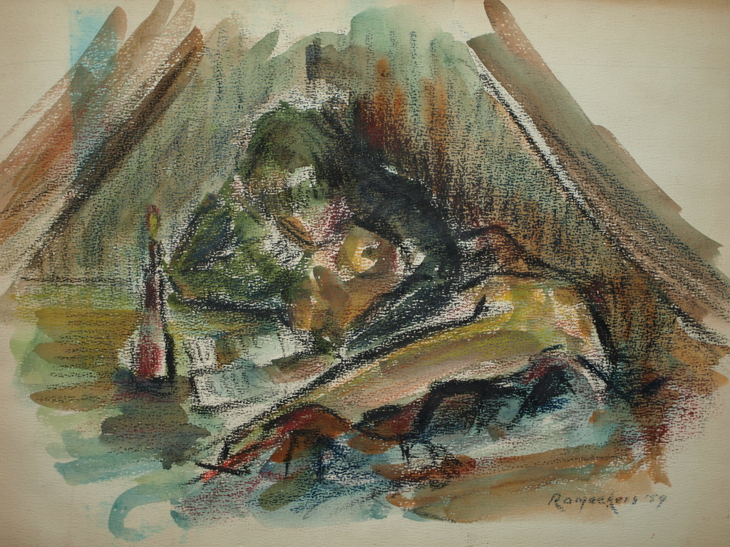 Ramaekers – Tekening / aquarel – Vrouw in bed – Gesigneerd – 1959 kopen? Bied vanaf 1!