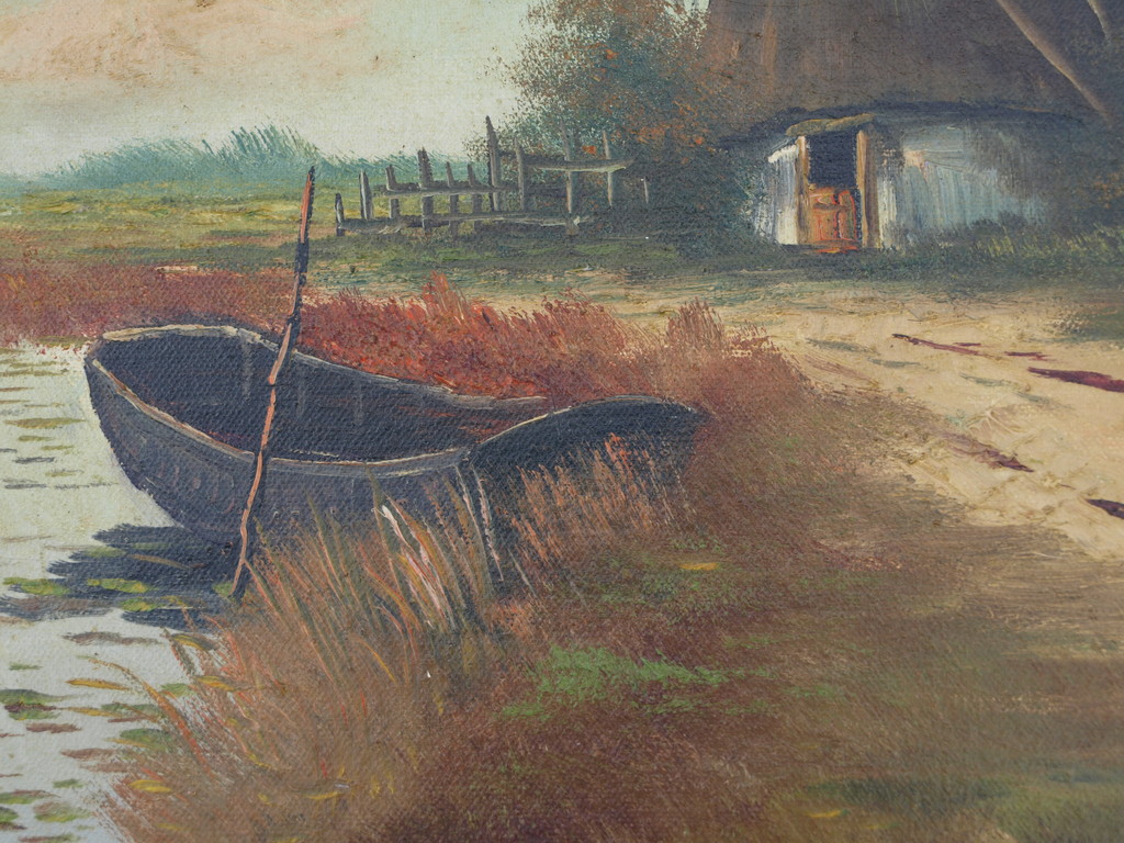 Gesigneerd ‘v. Oort’ (?) : Olieverf op doek – Landschap met molen – ingelijst  kopen? Bied vanaf 1!